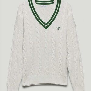 TNA V-Neck Clay Sweater in White with Green Trim Preppy Varsity Pullover
